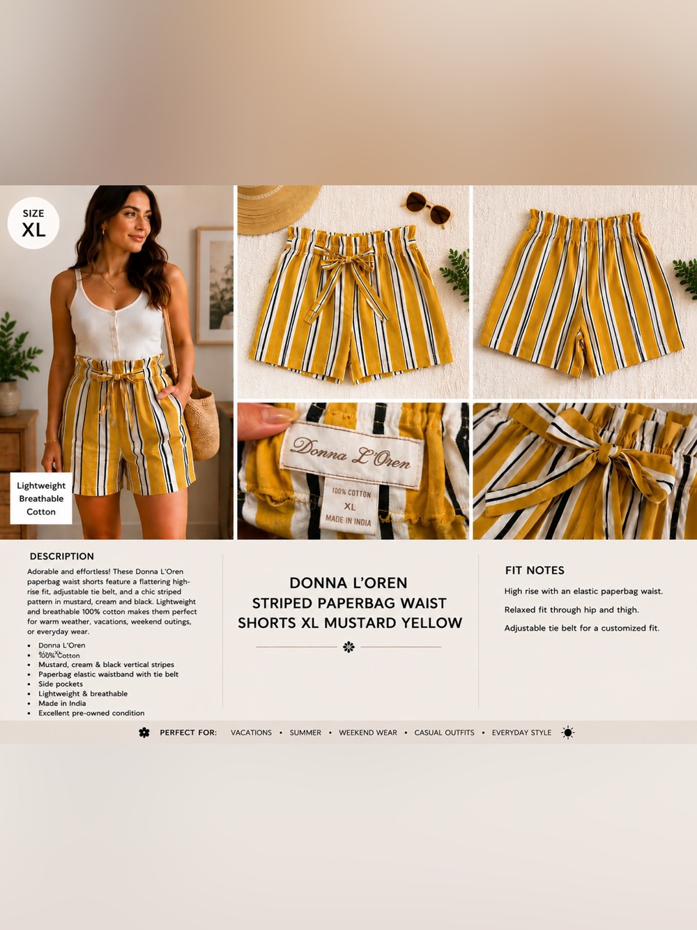 Donna L'Oren High-Rise Striped Paperbag Waist Shorts in Mustard Yellow